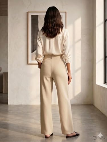 Image of Women Cotton Blend Formal Straight Fit Trousers High Waist Office Wear Pants