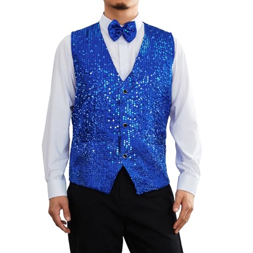 Hulpvktsgiq Men's Sequin V-Neck Suit Vests Formal Men Shiny Vest Tie Waistcoat with Pockets for Tuxedo Wedding2