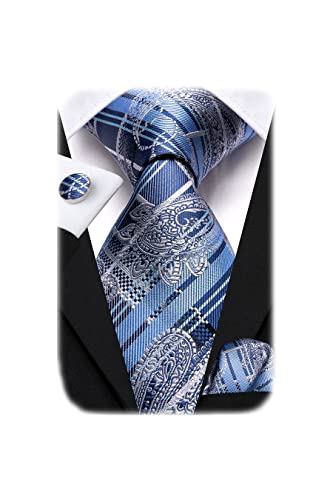 Image of Hi-Tie Men Ties Sets Silk Stripe Paisley Necktie Pocket Square Cufflinks for Business Wedding