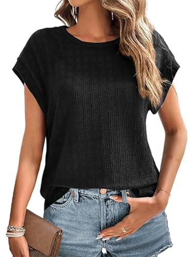 HAWILAND Camiseta de mujer elegante camiseta de verano manga corta estructura básica top casual cuello redondo blusa moderna sin mangas, Negro , L