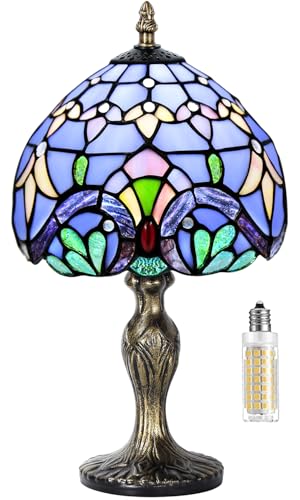 MIAOKE Stained Glass Lamp Table Lamp Stained Crystal Bead Style Table Light,Handmade Desk Bedside Table Night Lamp,Antique Art Craft Gifts Lover Kid Living Room Study Bookcase Desk Ligh-Blue Baroque