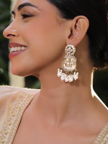 Image of Rubans Long Dangler Earrings Kundan & Pearl Ethnic Jewellery Gift for Women & Girls