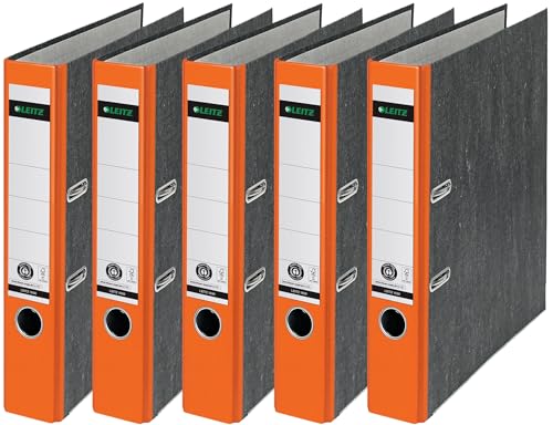 Leitz Qualitäts-Ordner, das Original, DIN A4 Aktenordner 8 cm breit, Wolkenmarmor-Papier, Recycling-Ordner, Blauer Engel, Mit 180° Mechanik, Höchste Stabilität (Schmal, Orange, 5 Stück)