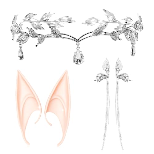 Coiffe d'elfe argentée avec couronne diadème et oreilles de fée LaVenty Lot de 3