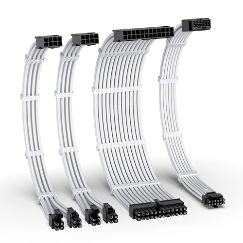 Image of EZDIY-FAB 12VHPWR PSU Cable Extension Kit for RTX 50 /40 Series,16AWG PCIE 5.0 Power Supply Cable Extension- 1x 24 Pin ATX /2X 8Pin (4+4) EPS / 1x12+4 Pin GPU,Sleeve Cable 300MM with Combs-White