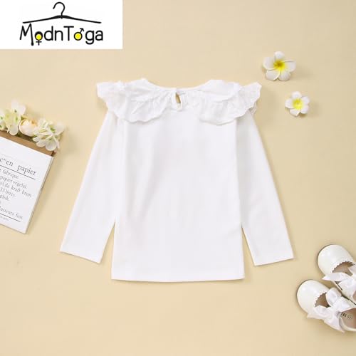 Image of MODNTOGA Kids Baby Girl Long Sleeve Collar Shirt Toddler White Blouse Puff Short Sleeve T-Shirt Solid Color Basic Top Bottom (White,3-4 Years)