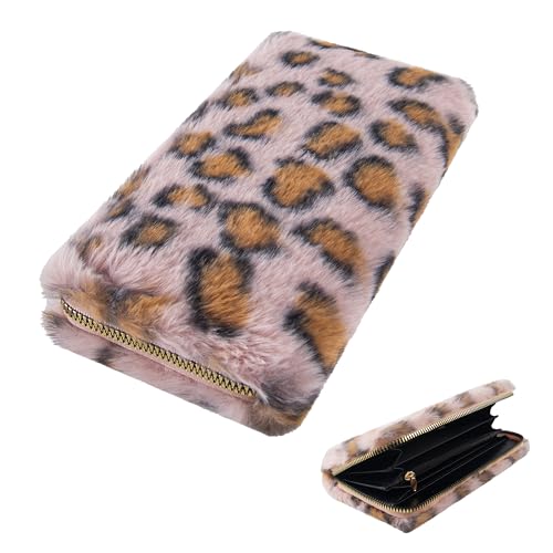 Kingshion Leopard Print Fuzzy Clutch Wallet - Plush Faux Fur Handbag with 5 Bill Compartment 8 Card Slots & Zipper Coin Pocket Durable Scratch Prevention Multi-Pocket Handle Purse for Women (Pink)
