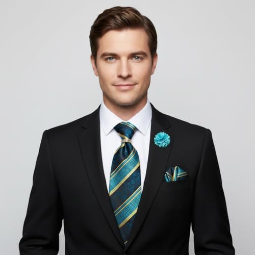 Image of 5PCS Mens Silk Designer Tie, Pocket Square, Cufflinks, Drilled Tie Ring and Lapel Pin Set for Wedding Groom Party