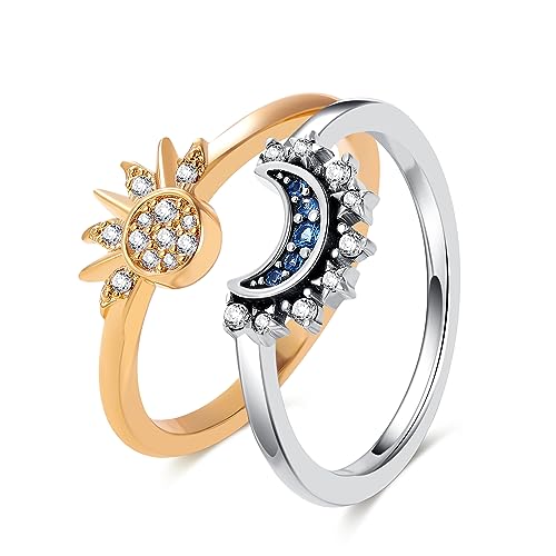 SLOONG 14K Gold Plated Sun and Moon Ring Set Sparkling Sun Ring and Blue Moon Ring Best Friend Friendship Promise Rings Stackable Rings for BFF Women Adult