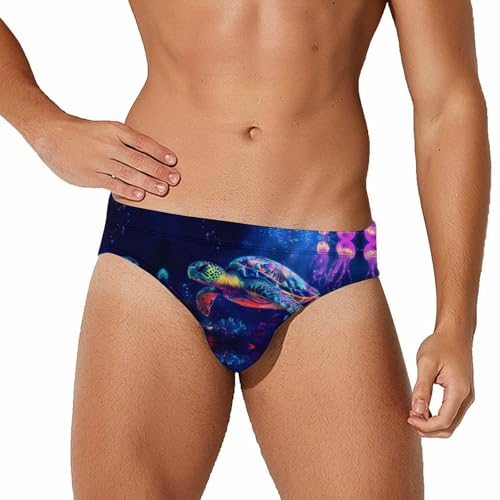 Sea Turtle Jellyfish Printed Swim Briefs for Men Sexy Bikini Swimwear Elastic Beach Trunks Bathing Suit
