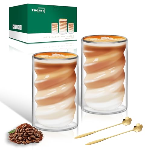 Latte Macchiato Twill Double Wall Glasses 400ml Spoon Double Wall (2 x 400ml) Coffee Glasses Cappuccino Cups Glass Spiral Shaped Thermo Glasses Made of Borosilicate Glass