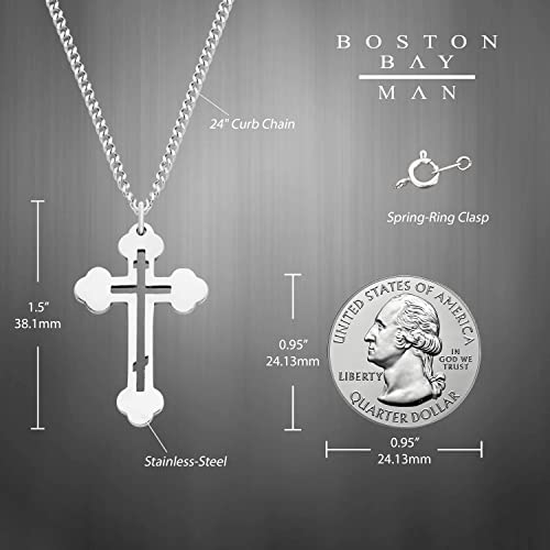 Boston Bay Men's Water Proof 316L Stainless Steel 1.5" Shiny Orthodox Cross Pendant Necklace – 24" Curb Chain4