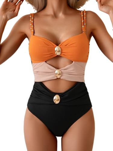 Image of B2prity Cutout One Piece Swimsuit Tummy Control Ruched Monokini Color Block Bathing Suit for Cruise Vacation