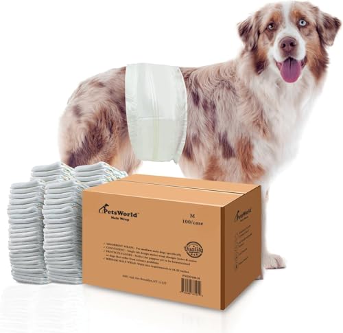 Image of PetsWorld Dog Diapers Male Medium 400 Count Disposable Male Dog Wraps - Super Absorbent Belly Bands with Wetness Indicator, Fur-Friendly Adjustable Fit for Incontinence & Training (Waist 16-21 in)