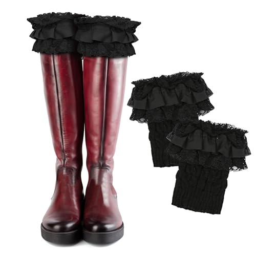 1 Pair of Womens Knit Boot Cuff Socks – Crochet Lace Trim Leg Warmers Toppers, Short Stretch Knitted Cuffs for Women, Solid Color Winter Warm Cuff Topper Gift (Black)