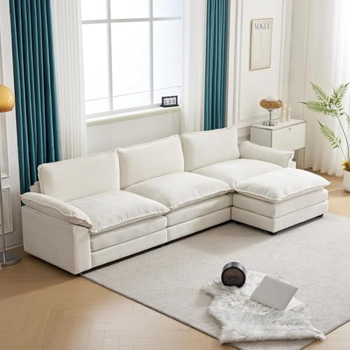 Image of SRMS Sectional Sofa Modern Deep 3-Seat Sofa Couch | Chenille Sofa Sleeper Comfy Upholstered Furniture for Living Room | Beige