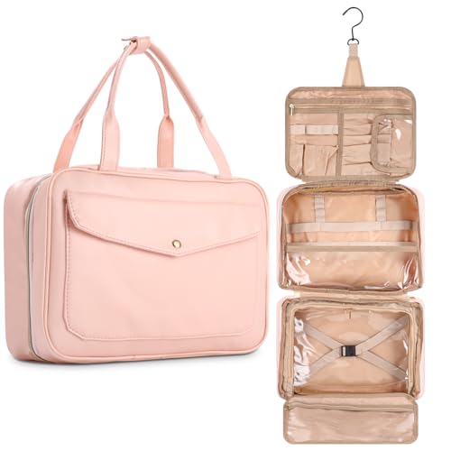 Neceser Viaje, Neceser Mujer con Gancho para Colgar,Bolsa de Aseo Mujer Multifunción,Gran Capacidad e Impermeable,Accesorios de Viaje,Neceser Mujer Viaje para Viaje, Dormitorio, Cuarto de baño(Rosa)
