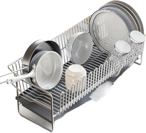 Farigrut自動水切り機能付きステンレス製極薄型水切りラック。 水切り、包丁立て、まな板、箸置きがセットになった、大容量キッチン収納水切りラック4点セット。