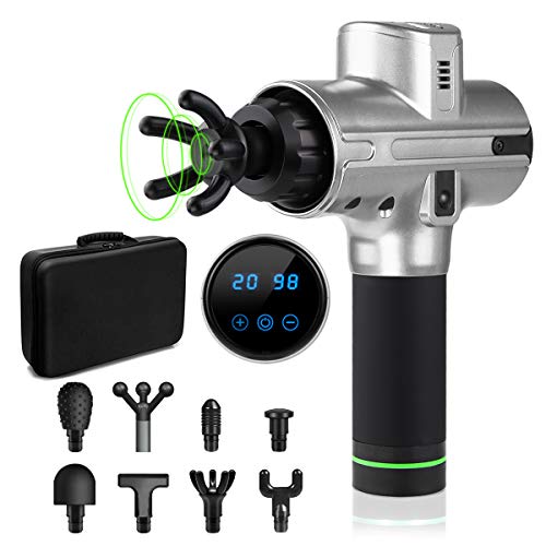 SHUNING Pistolet de Massage à Main, Pistolet à Fascia de Relaxation des Tissus Profonds sans Fil Portable 20 Vitesses Ultra-Silencieux avec 8 têtes de Massage(Silver)