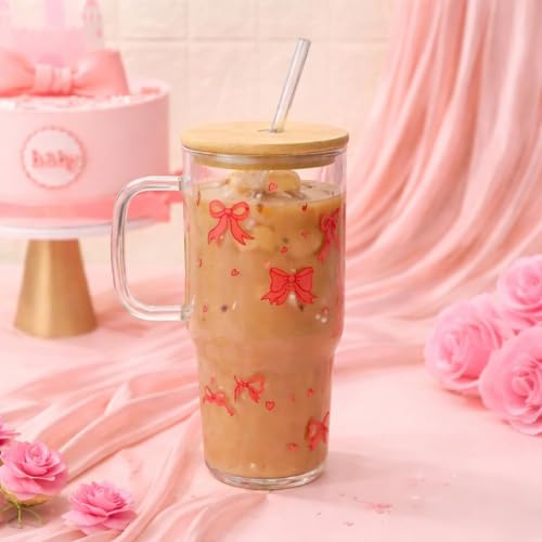 Image of Bow Glass Tumbler with Handle & Lid 1000ml | Iced Coffee Cup with Straw | Reusable Glass Mug for Cold & Hot Drinks Bow Design Iced Coffee Cup for Smoothies, Tea, Juice & Travel