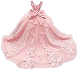 PAEGXN Off Shoulder Blush Pink Flower Girl Dress for Wedding with Bow 3D Flower Lace Applique Girls Special Occasion Dresses Beaded Rhinestone Puffy Dress for Girls with Train Size 6