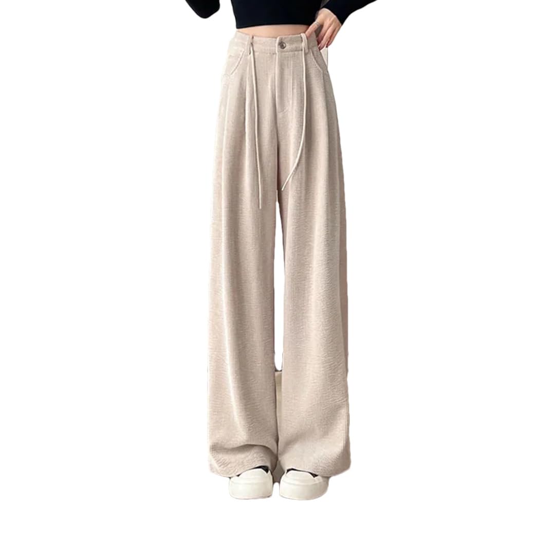 Lace-Up Office Lady Pants Solid Color Straight Casual Button Zipper Pockets Female Wide Leg Pants