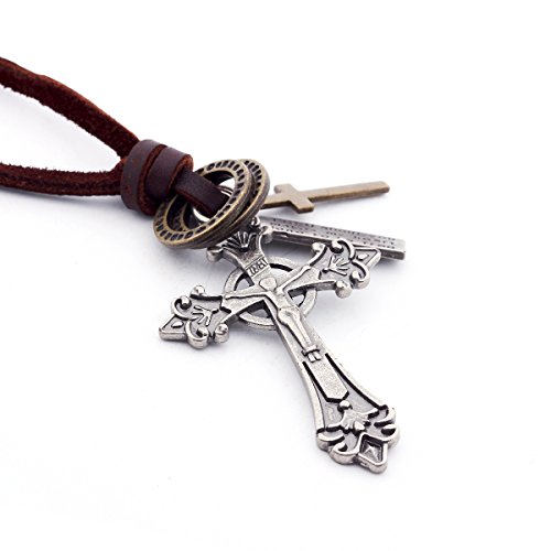 DonDon Herren Lederhalskette braun mit einem großen Kreuz Anhänger, Ringen und einem kleinen Kreuz in einem Beutel