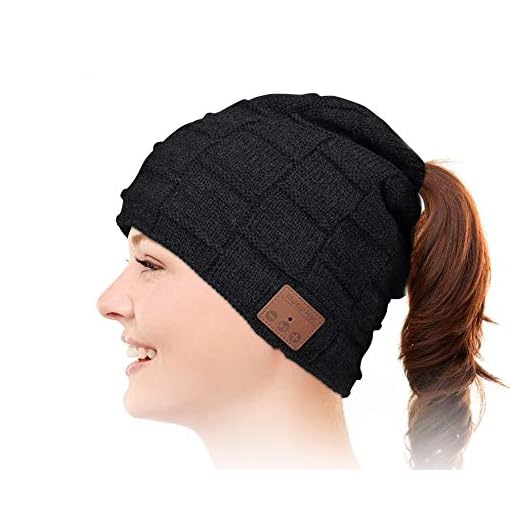 WINONLY Bluetooth Beanie Hat, Warm Gifts for Women with Ponytails Design Bluetooth Hat, Upgrade Bluetooth 5.0 Winter Knitting Beanie Cap, Wireless Hat Built-in Microphone Hand-Free Calling (Black)