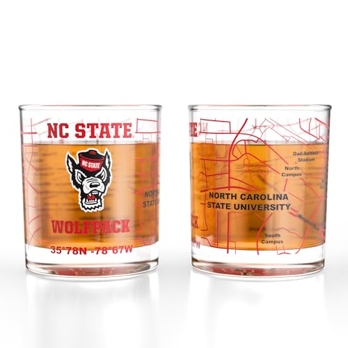 Image of Greenline Goods - North Carolina State University Wolfpack College Whiskey Glasses (Set of 2), 10 oz - Full-Color Logo + Campus Map