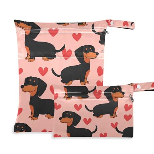 Hezely Cute Dachshund 2 Pack Cloth Diaper Wet Dry Bags,Waterproof Wet Bag for Baby,Travel, Beach, Pool, Diapers, Dirty Yoga Gym Clothes