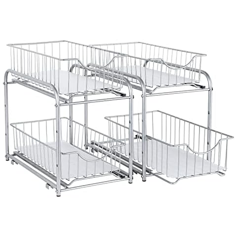 2 Pack - Stackable 2-Tier Under Sink Cabinet Organizer with Sliding Storage Drawer, Pull Out Cabinets Organizer Shelf Baskets, for Kitchen, Pantry, Under The Sink, Cabinet, Bathroom, Silver Cover