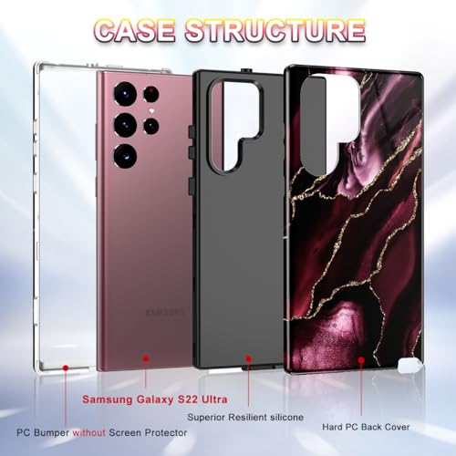 Btscase for Samsung Galaxy S22 Ultra 5G Case, Marble Pattern 3 in 1 Heavy Duty Shockproof Full Body Rugged Hard PC+Soft Silicone Drop Protective Women Girl Covers for Samsung S22 Ultra, Wine Red by Btscase - Used condition - US$8.18