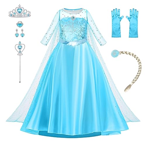 AOOWU ELSA Kostüm Mädchen, 9-teiliges Set Kleid Kinder mit Krone...