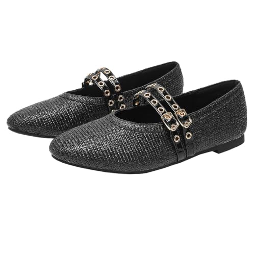Betastella Womens Raffia Mary Jane Flats Double Strap Round Toe Ballets Comfortable Ballerina Flat Shoes