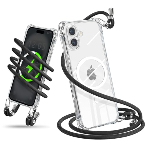 iPhone 16 ケース ショルダー クリア MagSafe対応 スマホケース アイフォン16 カバー 肩掛け 斜めかけ 縄掛けケース 耐衝撃 透明 TPU 薄型携帯ケース 紐付き 斜めがけ 織りストラップ付き ネックストラップ 長さ調整可能 取り外し可能 落下防止 紛失防止 ワイヤレス充電対応 (クリア)