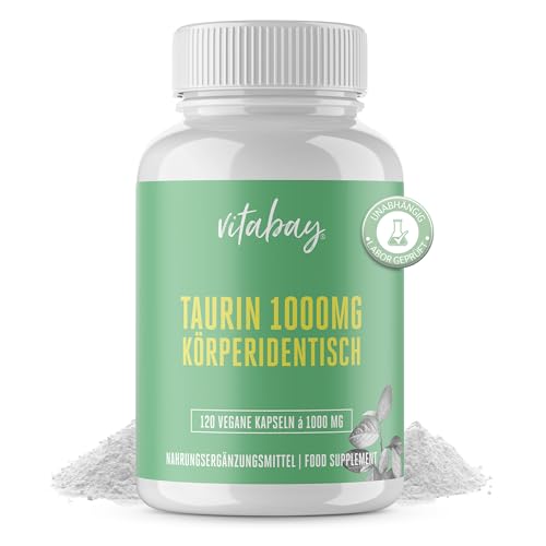 Vitabay Taurin Kapseln Hochdosiert 1000mg - 120 Taurin Kapseln Vegan & Laborgeprüft - Taurine Capsules Aminosäure Taurine 1000mg - Körperidentisch & ohne unerwünschte Zusätze