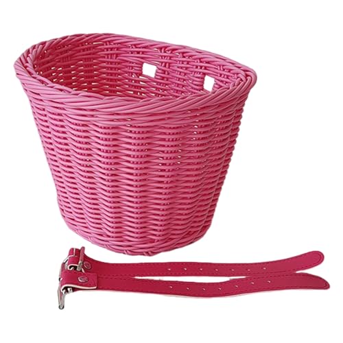 Makamsui Bike Basket Woven Bike Basket for Kids Bike Handlebar with Adjustable Leather Straps, Hand-Woven Imitation Rattan Bike Handlebar Basket for Kids Bike, Tricycle, Scoote Pink