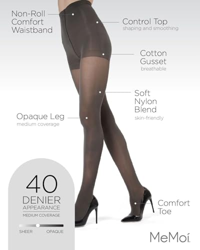 Image of MeMoi Perfectly Opaque Tights, Comfortable and Smoothing Control Top Tights, 40 Denier Opaque Finish - Sizes S-Q2