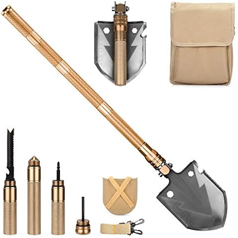 Wild Peak APEX1 18-in-1 Multitool Steel Emergency Shovel with Carrying Pouch for Survival, Military, Camping, Hiking, Climbing, Bug-Out Bag, Backpacking (Gold) Cover