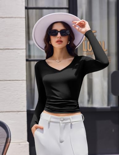 Ekouaer Womens Long Sleeve Shirts V Neck Ribbed Thermal Undershirts Black - image 4
