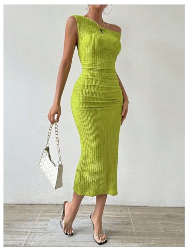 Image of SOLY HUX Women's Off Shoulder Short Sleeve Ruched Bodycon Dress Pencil Midi Dresses Solid Green Large
