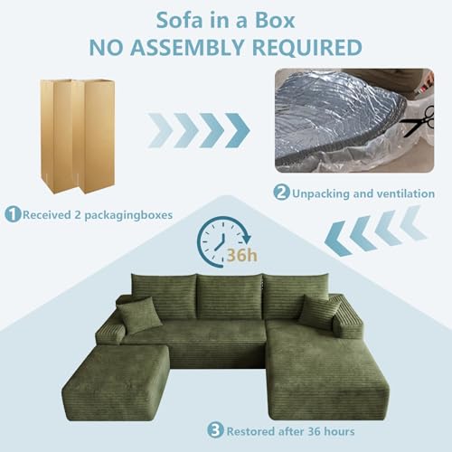 Image of 95 inch Cloud Sectional Couch with Ottoman,Modern U-Shaped Cloud Couch with Deep Seat,Comfy Corduroy Sofa,Memory Foam Sofa for Living Room,No Assembly (Green,Right-Facing Chaise)