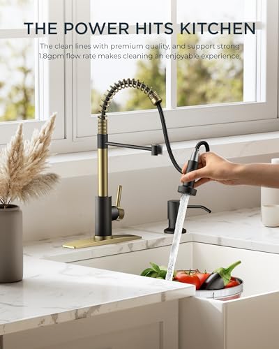 Image of FORIOUS Kitchen Faucet with Pull Down Sprayer, Stainless Steel Commercial Single Handle Classic Spring Pull Out Sink Faucet for Pot Filler, Farmhouse Camper Bar Laundry Room, Black Gold