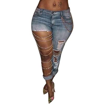 womens ripped jeans with chains