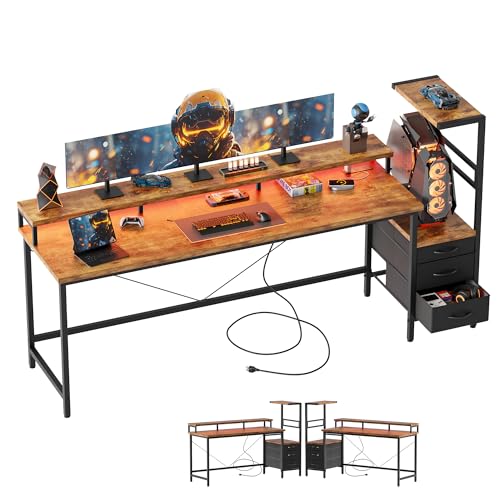 Image of Mericonia 68 inch Gaming Desk with Drawers, Reversible Computer Desk, Brown
