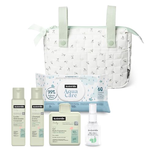 Suavinex, Bolso Carro Bebé tipo Panera con Cosmética. Incluye: Gel Espumoso, 300 ml + Champú 100 ml + Crema Corporal, 100 ml + Baby Cologne, 50 ml + Toallitas. Canastilla Regalo Recién Nacido, Verde
