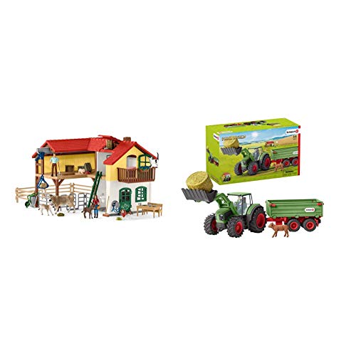 Schleich 42407 Bauernhaus mit Stall und Tieren, Bunt, Large & 42379 - Traktor mit Anhänger - Spielzeug