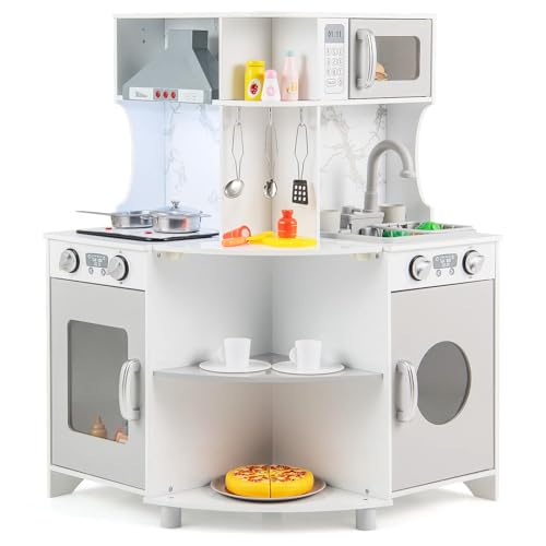 GLACER Pretend Play Corner Kitchen, Wooden Toddler Cooking Playset w/Real Lights & Sounds, Water Circulation, Microwave, Range, Hood, Stoves & Oven, Kids Kitchen Playset for Aged 3+ Years Old