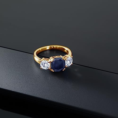 Gem Stone King 18K Yellow Gold Plated Silver Blue Sapphire and White Moissanite 3 Stone Engagement Ring For Women (3.82 Cttw, Gemstone September Birthstone, Cushion 8MM, Available in Size 5,6,7,8,9)3