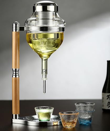 Juego de dispensador de sake estilo goteo con enfriador de vidrio, uso en frío caliente, incluye 4 tazas de sake, servidor de hielo estilo japonés para enfriar y decantar rápidamente